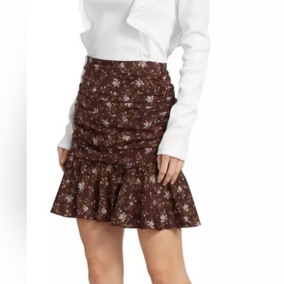 NWT VERONICA BEARD TARAS Mini SKIRT SILK Floral Print Ruched Merlot Multi Size 4 - Picture 1 of 16